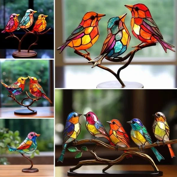 Colorful Birds on Branch Desktop Ornaments