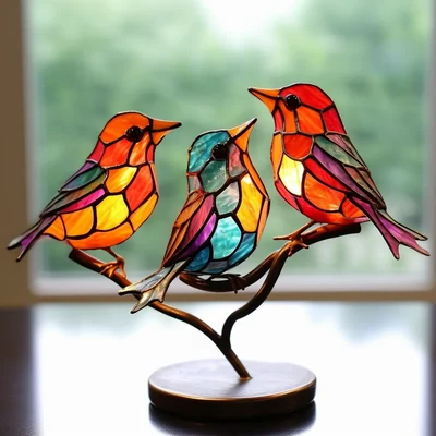 Colorful Birds on Branch Desktop Ornaments