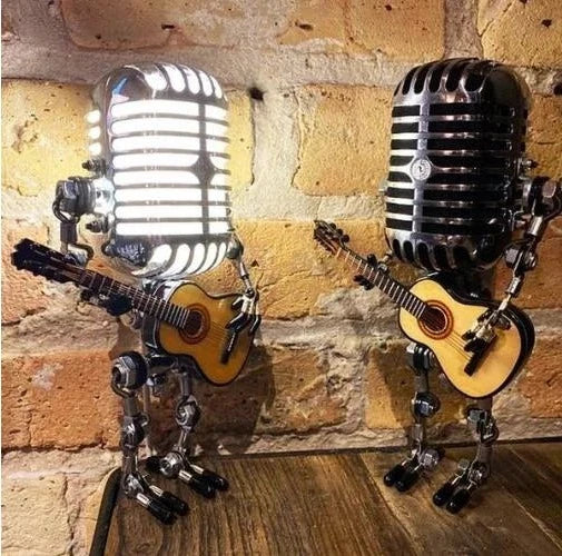 Vintage Metal Microphone Robot With Guitar Lamp