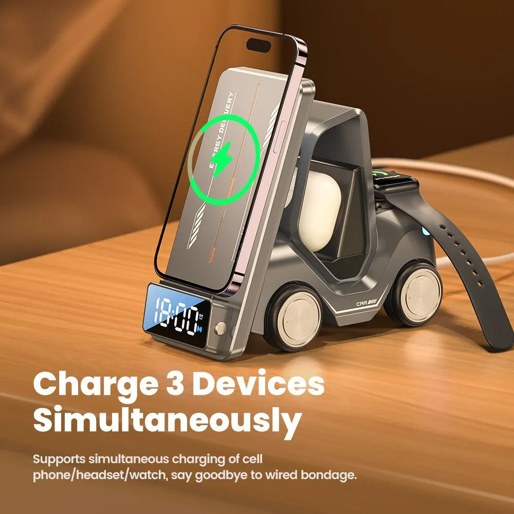 5-in-1 Forklift Design Wireless Charger with Alarm Clock and Night Light