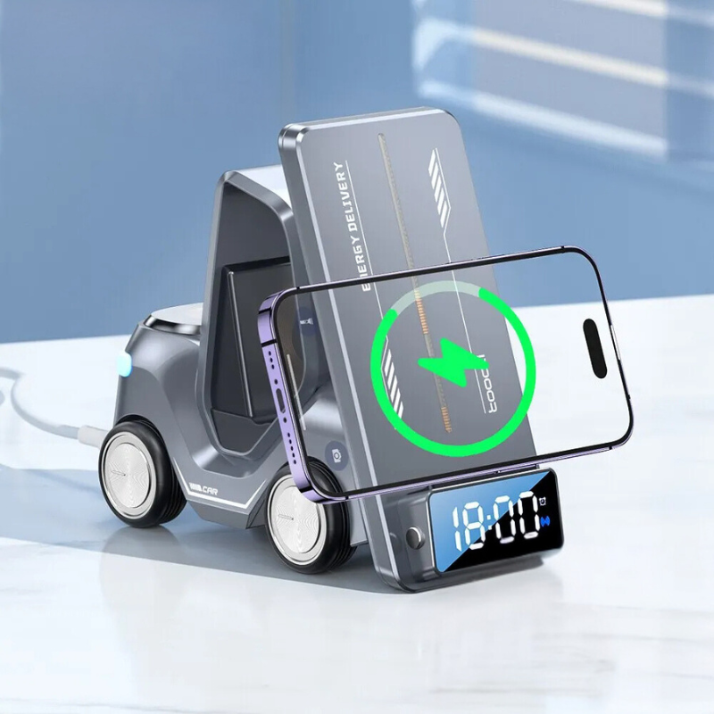 5-in-1 Forklift Design Wireless Charger with Alarm Clock and Night Light