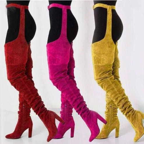 Women Faux Suede Thigh High Waist Belt Chunky High Heel Slouch Boots | Over The Knee Waist Belted Boots