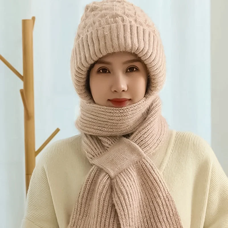 Prolriy Neck Gaiter Integrated Ear Windproof Cap Scarf Knitting Thick Warm Ear Guard Hat Hooded Scarf Women Winter Knitted Hat Neck Warmer Scarf For Women Grey