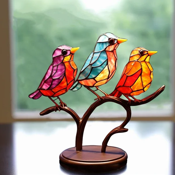 Colorful Birds on Branch Desktop Ornaments