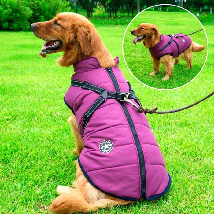 Waterproof Winter Dog Jacket - Sherpa-Fleece Lined - Built-in Harness