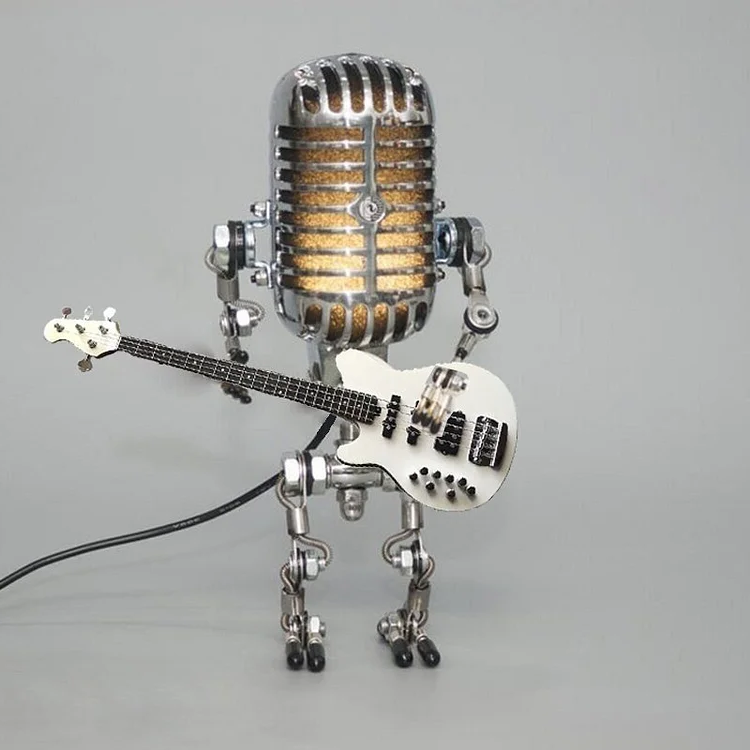 Vintage Metal Microphone Robot With Guitar Lamp