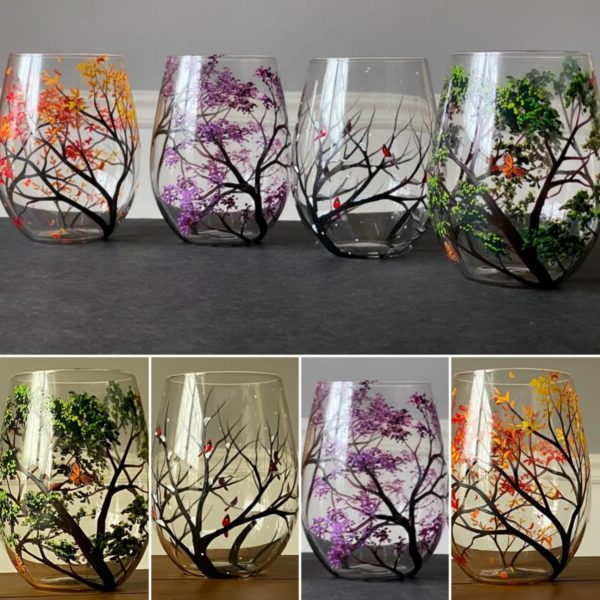 Four Seasons Tree Wine Glasses – Hand Painted Art