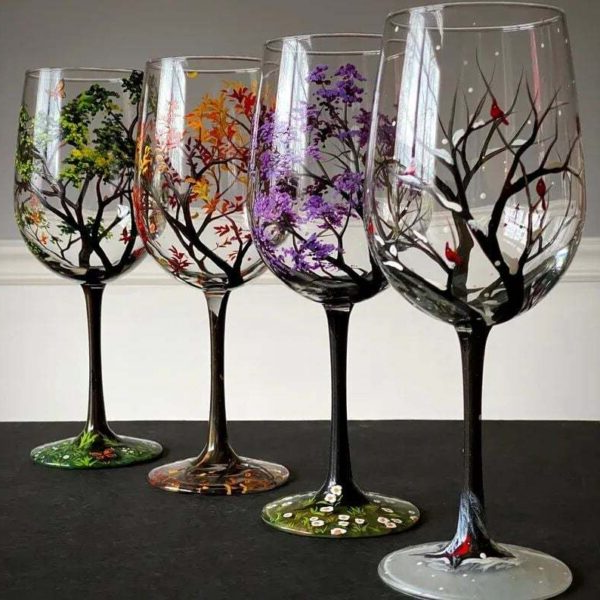 Four Seasons Tree Wine Glasses – Hand Painted Art