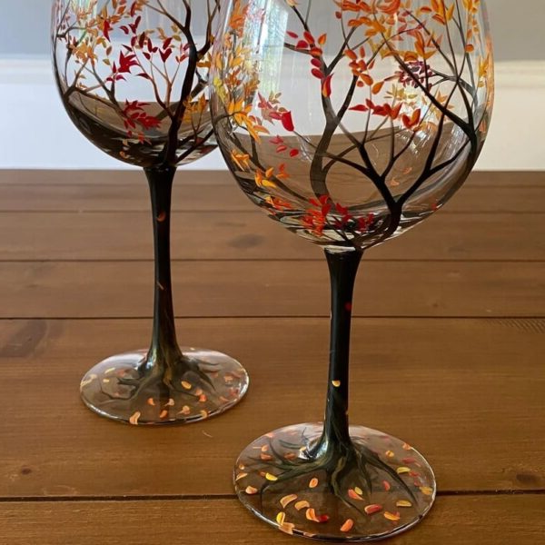 Four Seasons Tree Wine Glasses – Hand Painted Art