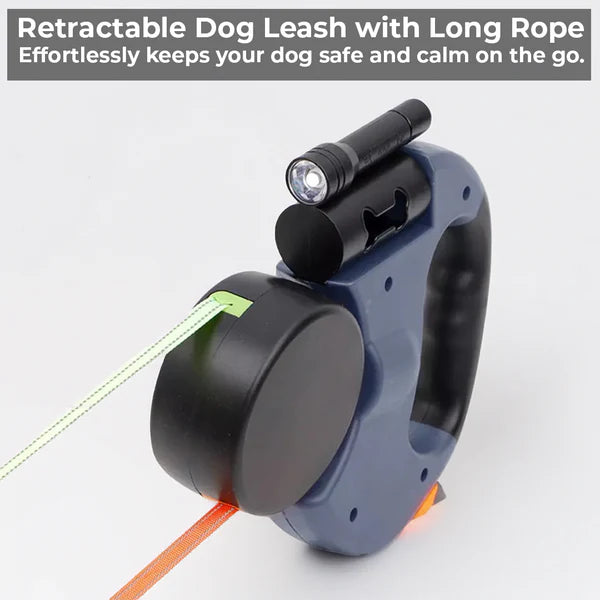 Dual Retractable Dog Leash with Flashlight & Waste Bag Holder